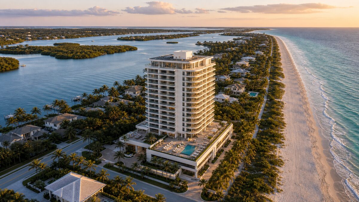 Illustrative aerial image of Seabreeze Towers on the Miami Beach shoreline