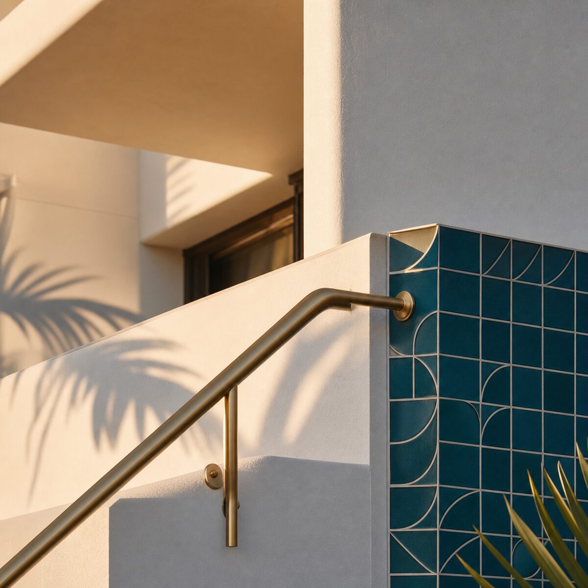 Illustrative architectural detail — brass railing and tilework at Seabreeze Towers